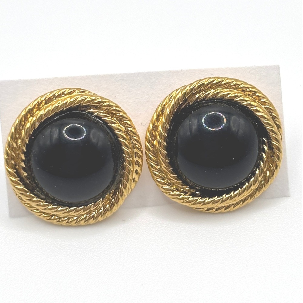 Napier‎ Vintage Gold Tone Black Cabochon Rope Border Round Stud Earrings